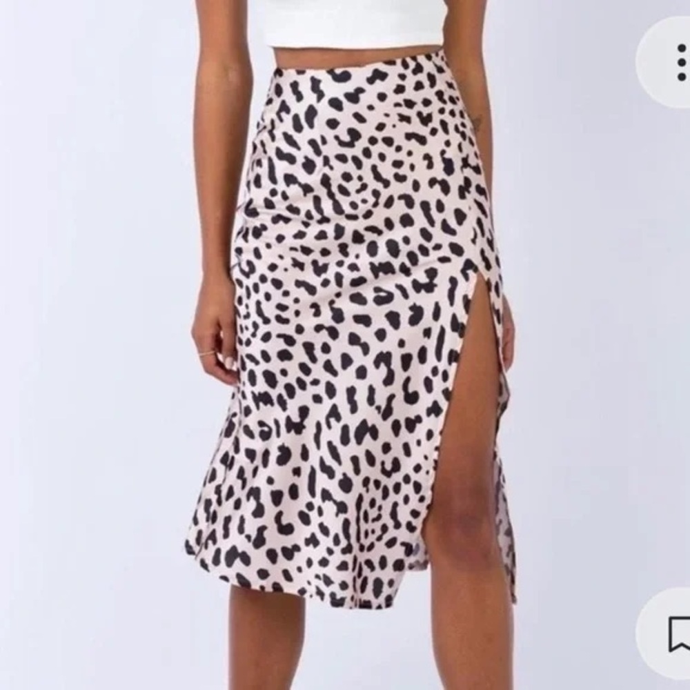Princess Polly Tan Brown Midi, leopard print, satin, leg slit  Skirt